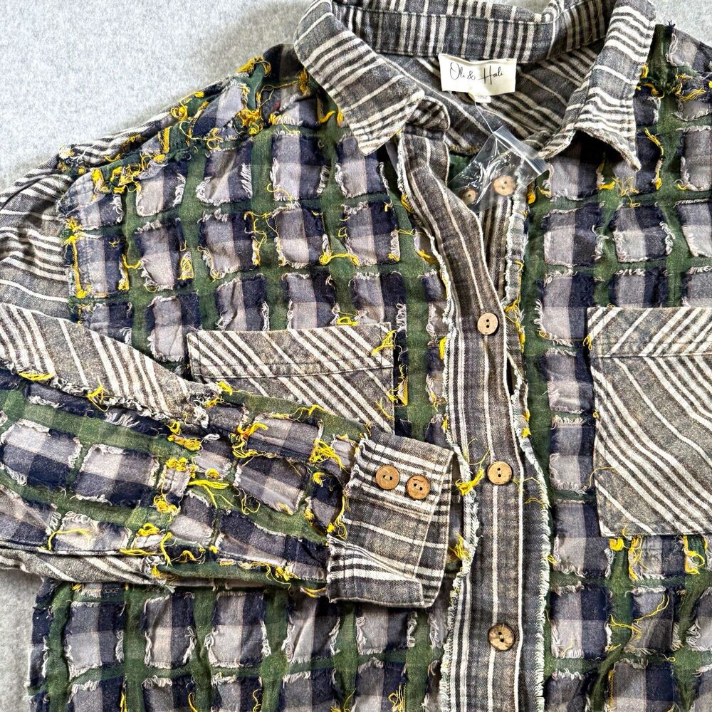 Oli & Hali Cotton Button-Up Shirt Plaid Southwestern Patchwork Fringe Boho M Top